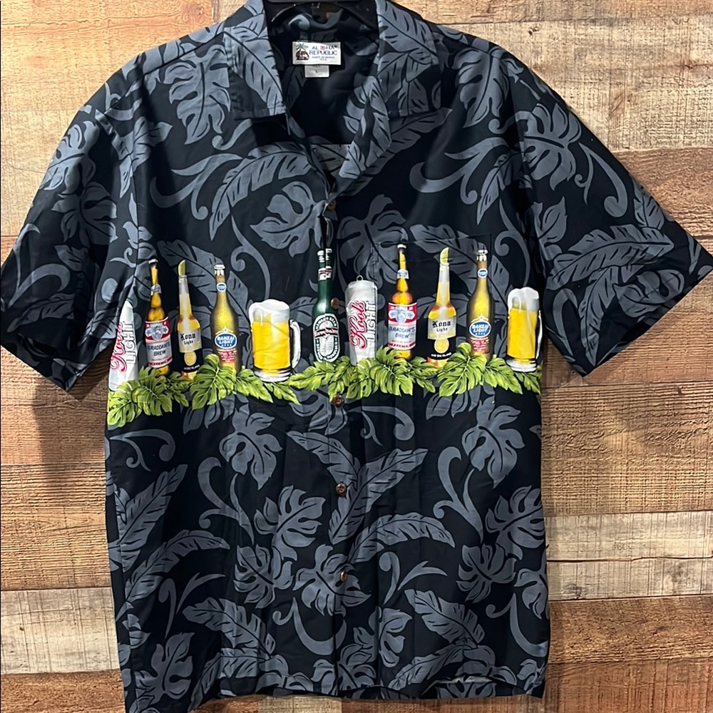 Aloha Republic Men's Black Hawaiian Shirt with Beer Bottle Print size large